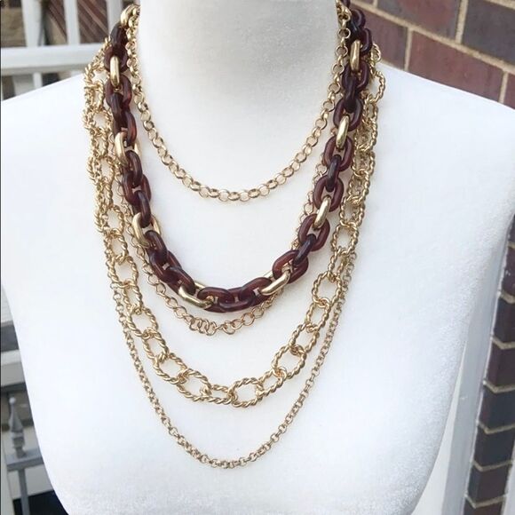 Multi strand gold & brown link statement necklace - Picture 1 of 5